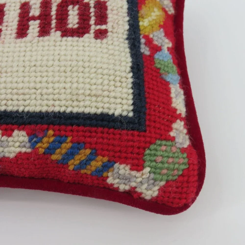 Ho Ho Ho Wool Needlepoint Christmas Candy Red Velvet Holiday Throw Accent Pillow